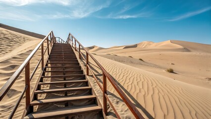 A wooden staircase ascends a vast, rippled sand dune under a clear blue sky in a remote desert landscape.