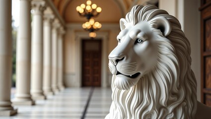 Majestic lion sculpture guards ornate hallway with classical columns