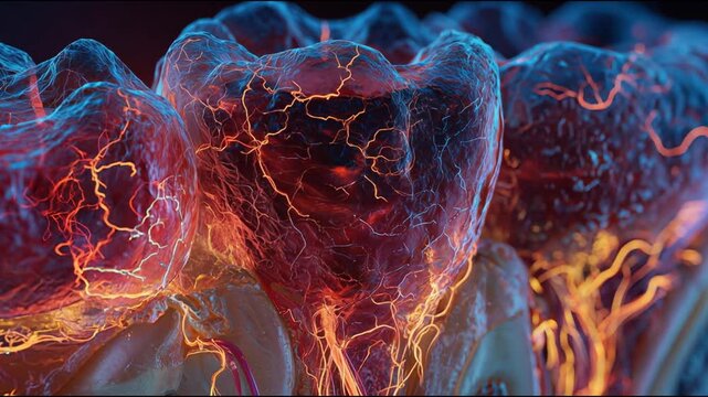 Creative 3D visualization of teeth. Transparent tissues and contrasting pulsating red lines visualize the pain syndrome of damaged tooth enamel