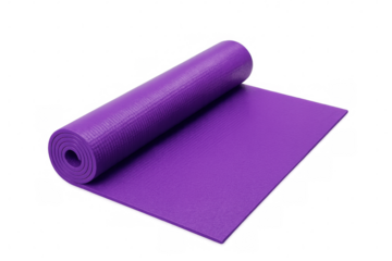 Purple yoga mat partially rolled up, isolated on transparent background, ready for yoga or pilates exercises