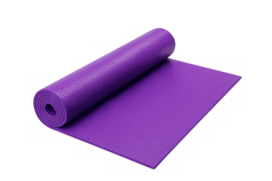 Purple yoga mat partially rolled up, isolated on transparent background, ready for yoga or pilates exercises
