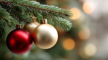 Obraz premium Three gold and red Christmas ornaments hanging from a tree branch. The gold ornaments are larger than the red ones