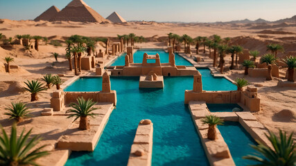 Ancient Egypt diorama with pyramids and Nile on a round base. Warm desert colors in a cute, clean kawaii style with soft light.