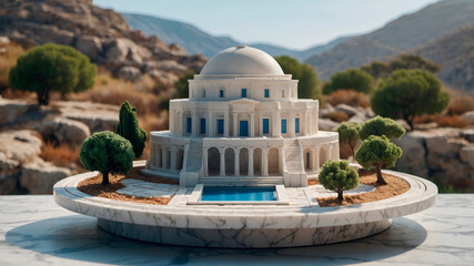 Mini 3D diorama of ancient Greece with temples and olive trees on a round platform. Blue and white tones in a kawaii architectural style.