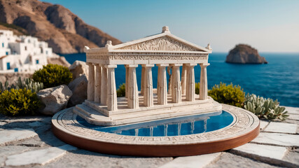 Mini 3D diorama of ancient Greece with temples and olive trees on a round platform. Blue and white tones in a kawaii architectural style.