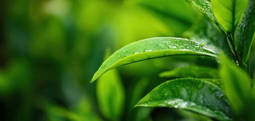 The glistening green leaves drenched in morning dew under natural light.
