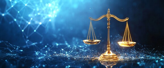 A gold balance scale sits on a reflective surface against a dark blue background with glowing blue lights and network connections.