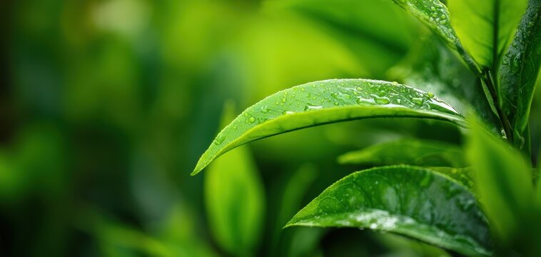 The glistening green leaves drenched in morning dew under natural light.