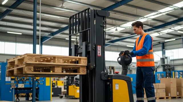 European warehouse worker operating electric forklift lifting wooden pallets in modern distribution center with safety vest
