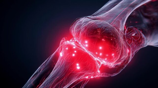 Realistic 3D visualization of human knee joint anatomy with detailed anatomy, transparent bone tissues to illustrate problems associated with joint damage, painful areas highlighted in red