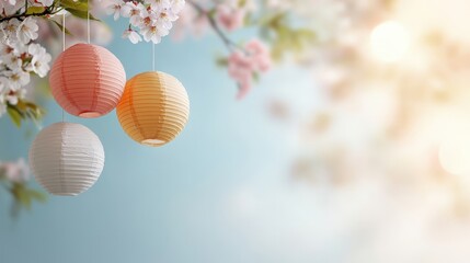 Fototapeta premium Colorful Paper Lanterns Under Cherry Blossom Branches in Spring