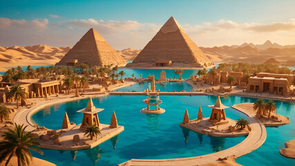 Obraz premium Ancient Egypt diorama with pyramids and Nile on a round base. Warm desert colors in a cute, clean kawaii style with soft light.