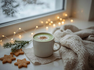 Cozy Scandinavian winter kitchen flat lay with ceramic mug of hot matcha latte, cinnamon sprinkle, gingerbread stars, pine sprig, fairy lights, and frosted window.