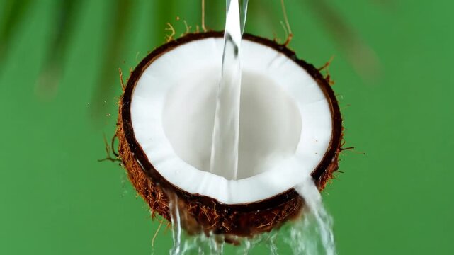 Water Flowing over a Fresh Coconut Half with Brown Shell and White Meat Displayed Against a Green Background for Tropical and Healthy Theme