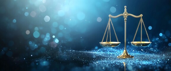 A gold scale stands on a sparkling blue surface with a dark blue background and bokeh lights, conveying a sense of justice and balance.