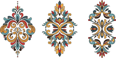 Three ornate, symmetrical floral designs in a vintage, colorful style.