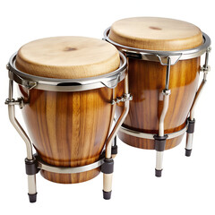 A pair of wooden conga drums with natural wood heads and metal hardware for rhythmic music
