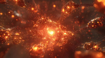 Abstract fiery cluster of interconnected particles.  Complex network of glowing orange nodes, surrounded by sparks and particles