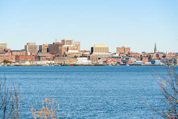 Obraz premium View of Portland skyline and harbour on a sunny autumn morning. Maine, USA.