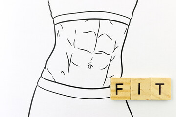 Drawing of a girl's torso with defined abs and the word FIT
