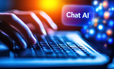 Close-up of hands typing on a laptop keyboard, with a "Chat AI" interface element highlighted