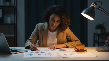 African businesswoman working late at night analyzing financial charts and reports in modern office with desk lamp - Powered by Adobe