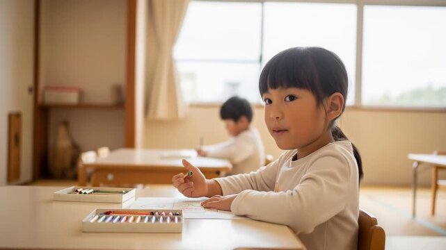 Asian child girl drawing with colored pencils in bright classroom looking up at camera during art lesson