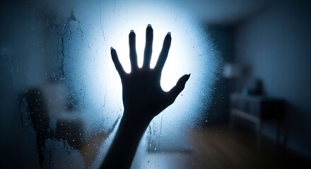 Spooky Hand Behind Foggy Glass in Dimly Lit Room Creating Eerie Atmosphere and Mysterious Vibe Suggesting Isolation and Intrigue
