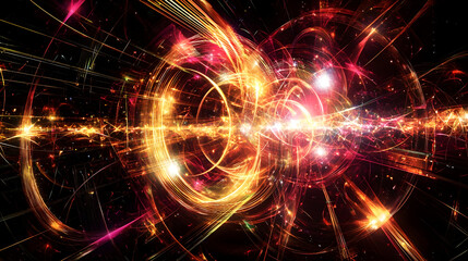 Abstract swirling energy bursts in a dark background with bright, glowing circular shapes and streaks of light