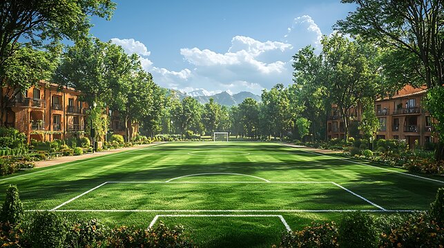 Idyllic soccer field nestled between charming buildings