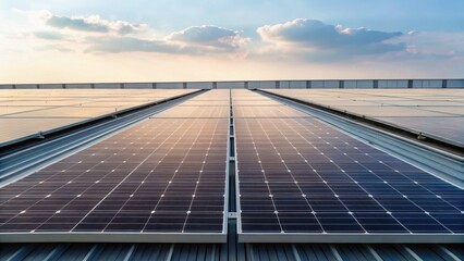 Solar panels aligned on a rooftop, reflecting sunlight against a backdrop of clouds and a bright sky.