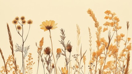 Delicate Watercolor Meadow with Soft Peach Background, Detailed Wildflowers, and Gentle Grass Scene