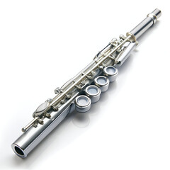 Obraz premium A silver flute with intricate keys and a polished finish, lying diagonally on a white background