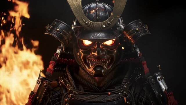 Infernal samurai warrior in flaming armor with pulsing ember eyes and dynamic fire animation