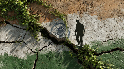  Freedom fighter mural with vines and flag on rustic wall, perfect for branding.

