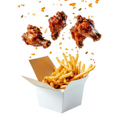 Delicious crispy chicken wings and golden French fries in a takeout box, perfect for a casual meal or party snack. on transparent background
