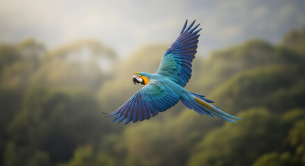 Stunning blue and yellow macaw soaring gracefully through the air with vibrant wings outstretched
