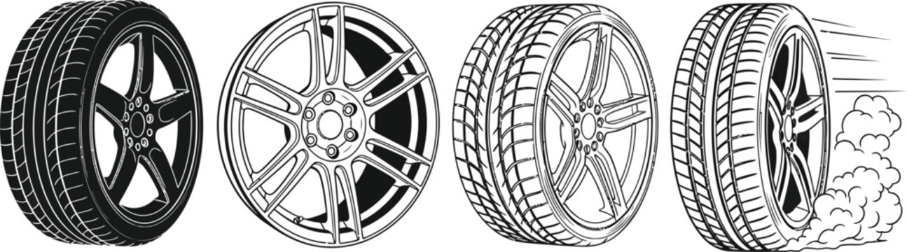 Four different car tires and wheels displayed in a row on a white background