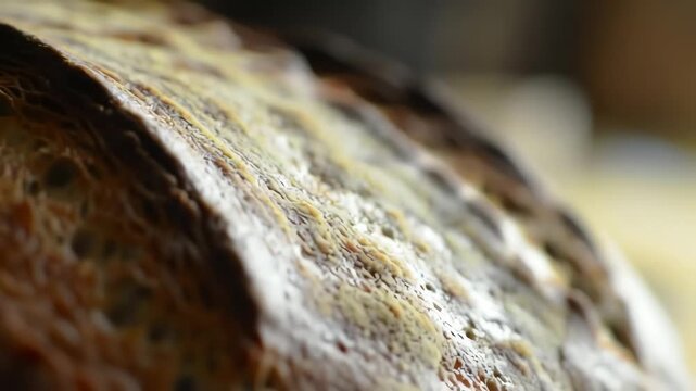 Close-up of a rustic, golden-brown sourdough bread crust with visible flour dusting