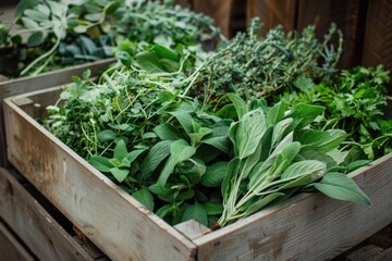 Aromatic herbs like sage, thyme, and mint spill from wooden crates, ready for sale at a local farmers market