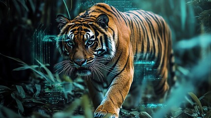 Powerful Tiger with Futuristic Technology Elements, Digital Integration