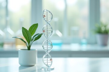 Dna model in laboratory with plant for genetic research and medicine