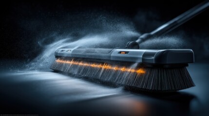 Dynamic close-up of a modern broom in action with dust particles