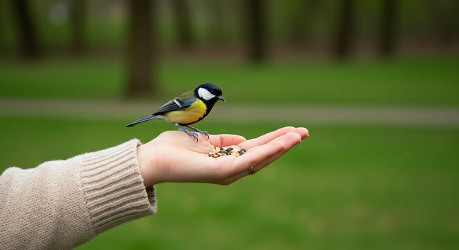 Great tit (Parus major) bird perched on a person's hand, feeding from seeds, outdoor park setting