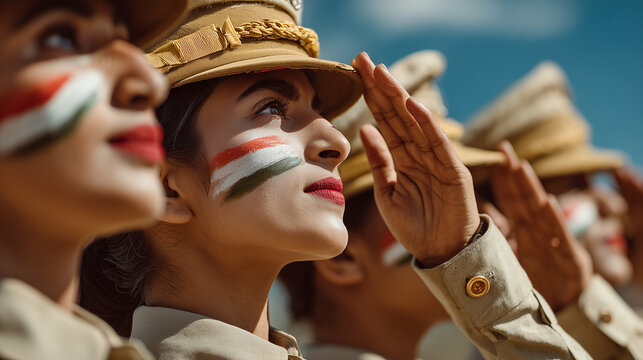  NCC cadets saluting with flag and face paint during parade with branding space.
