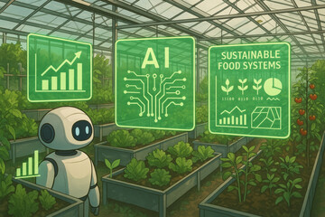 Robot greenhouse with digital displays showing growth charts, AI technology, and sustainable food systems, surrounded by lush plants and vegetables, emphasizing smart agriculture and eco friendly