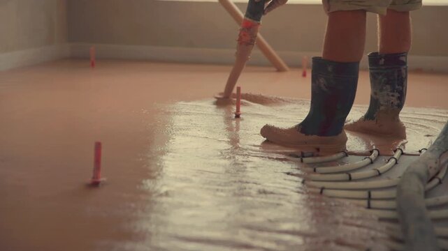 Construction worker leveling concrete over underfloor heating pipes