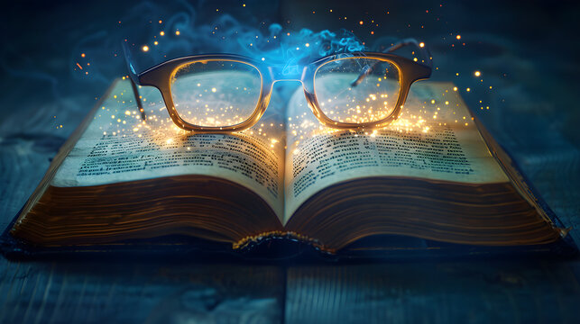 Glowing Glasses on Mystical Book with Floating Particles - Powered by Adobe
