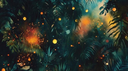 Fototapeta premium Glowing orbs among tropical plants in a magical nighttime setting