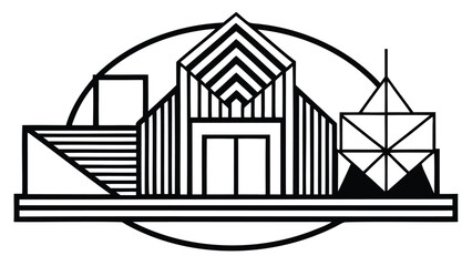 Obraz premium Black and white abstract illustration of a building with geometric shapes and horizontal lines design